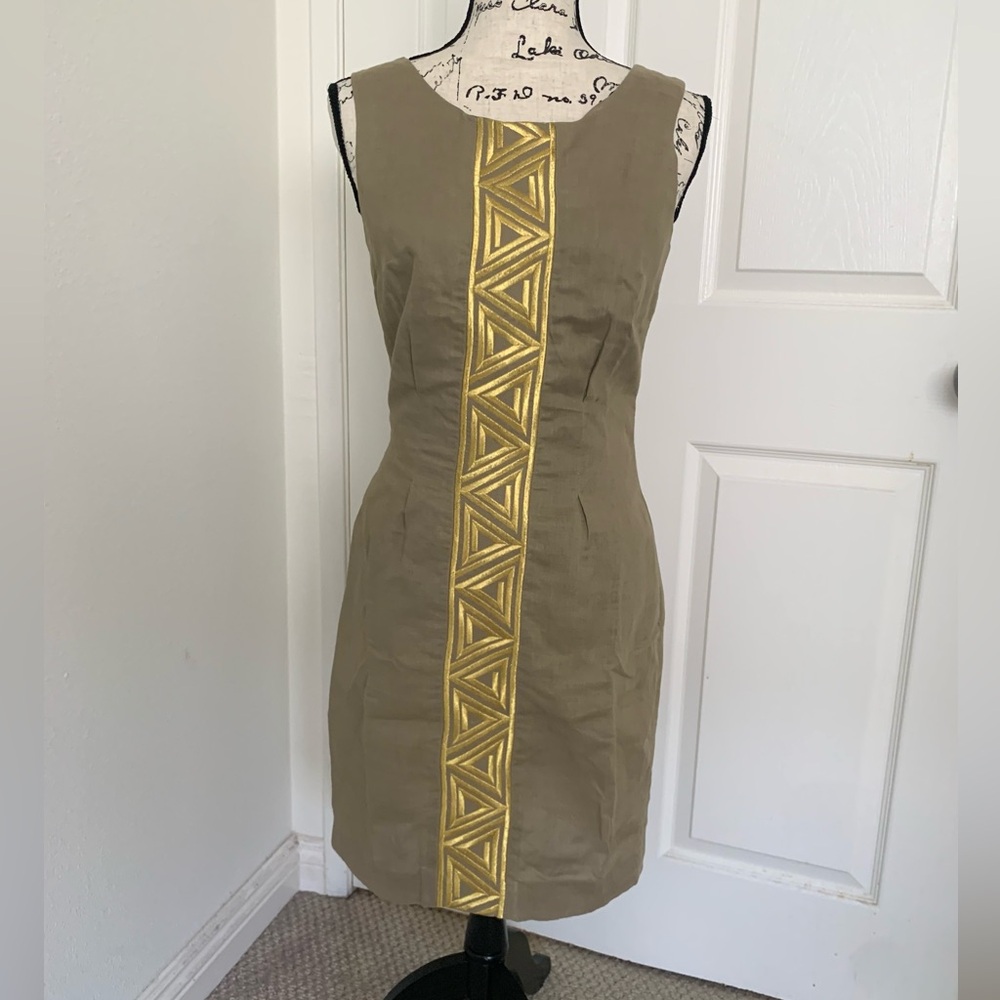 Vintage Sleeveless Khaki Shift Cotton Dress Gold Aztec Embellished Center Panel